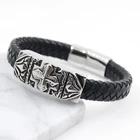 Mens Christian Gift Stainless Steel Sideways Cross Leather Bracelet Religious Jewelry For Men