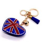 Fashion Heart Shape UK Flag Crystal Bling Key Holder Bag Charm Keychain with Tassel