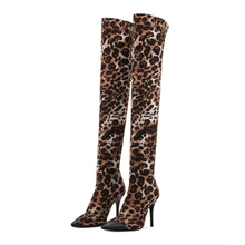 Women High Sexy Long Over Knee Boots High Heel Leopard Suede Booties