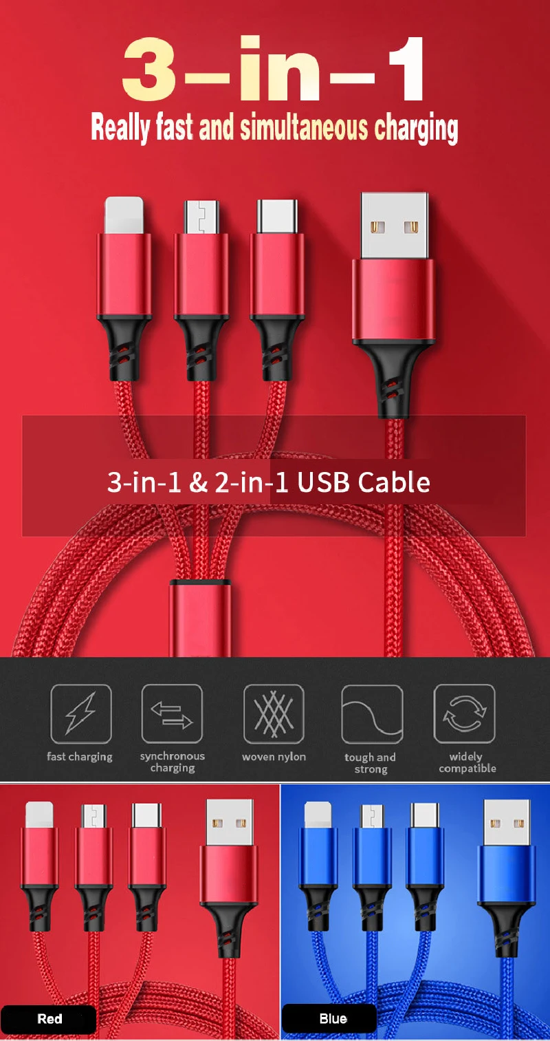 Eonline Multi Charger Cable Universal 3 in 1 USB Charging Cable with Micro USB Type c Port Cable for 8-PIN Most Android Phones - ANKUX.COM