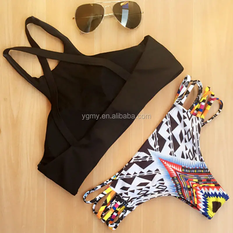 New Women Bikinis High Neck Push Up Bikini Set Geometry Black