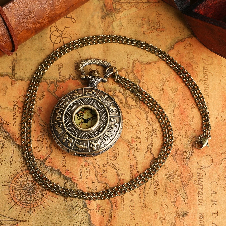 Retro Bronze Zodiac Constellation Case Hollow Necklace Pocket Watch Modern Australia Map Pendant Fashion FOB Chain Jewelry Clock 2017 2018 Gifts (1)