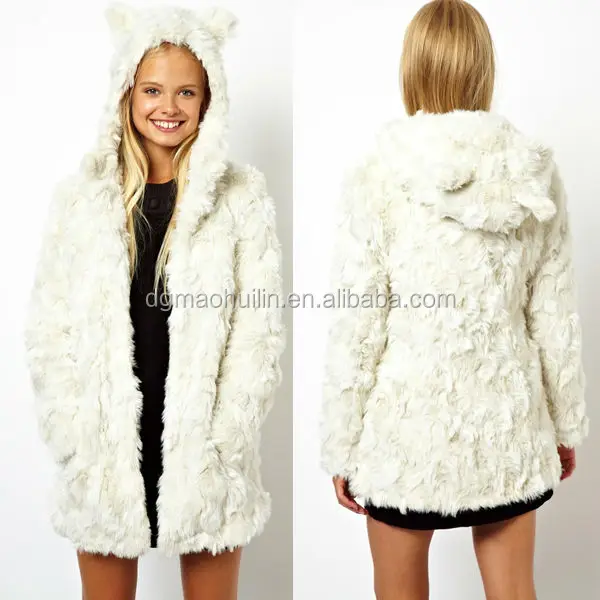 women"s white cat ears hooded faux fur coat