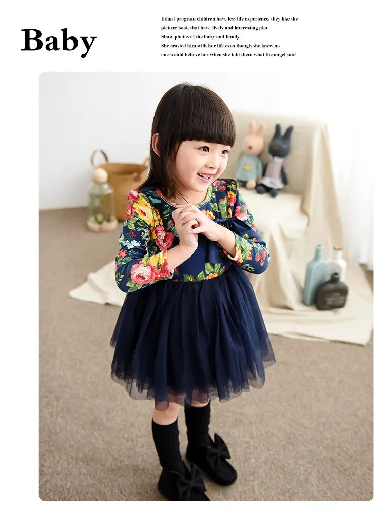 2015 New Autumn Girls Clothes Long Sleeve Flower Print Girl Dress For Party Wedding Children Kids Girl Floral Dress For School