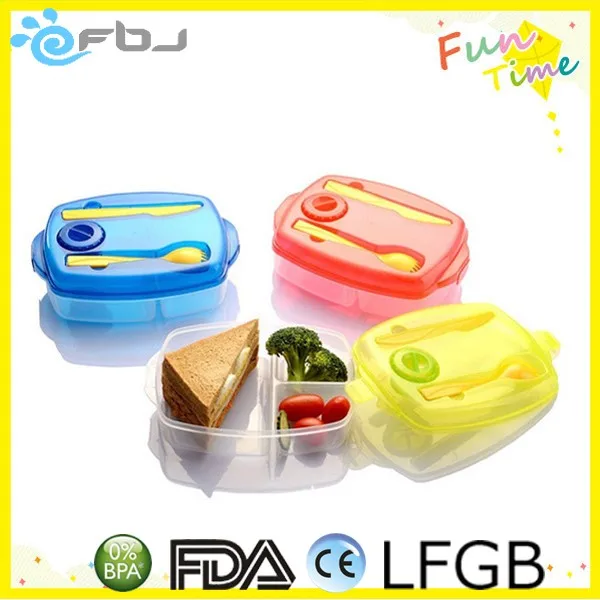 Clear Plastic 3 Compartments Bento Lunch Box With Cutlery Set
