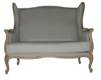 Vintage Antique Solid Oak Frame Gray Linen Wing Back Upholstery Vintage Antique Solid Oak Frame Gray Linen Wing Back Upholstery Settee Sofa
