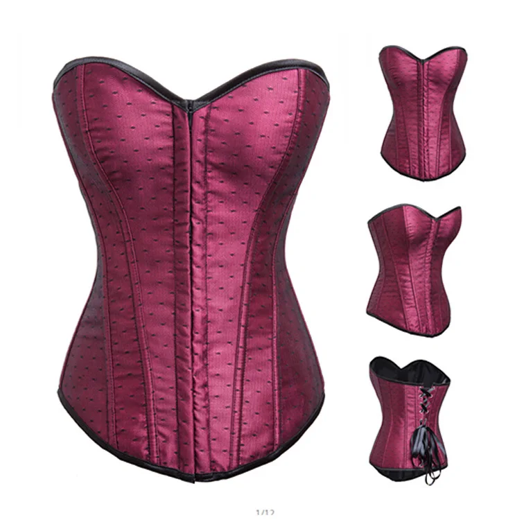 Wine Red Small Dot Steampunk Corset Sexy Corset Overbust Waist Training Corsets Zipper Top Latex Bustier Gothic Corselet Corpete