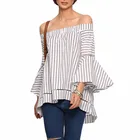 Women Off The Shoulder Striped Blouses New Ladies Multicolor Flare Sleeve Blouse