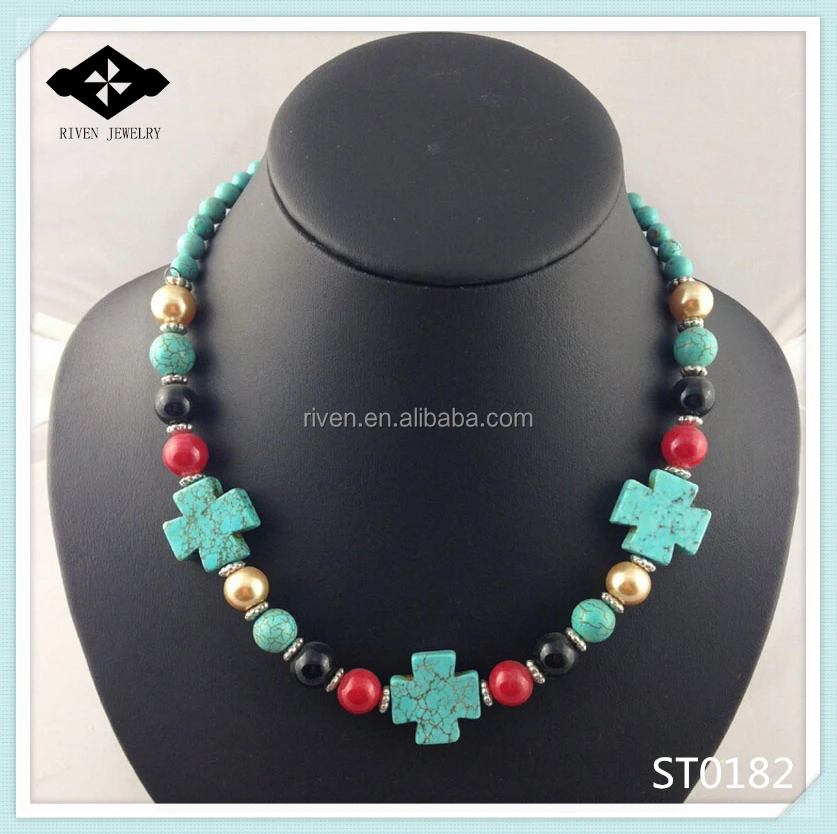 ST0182 Black Red Gold Glasses Bead Stone Turquoise Corss Necklace For Ladies.jpg