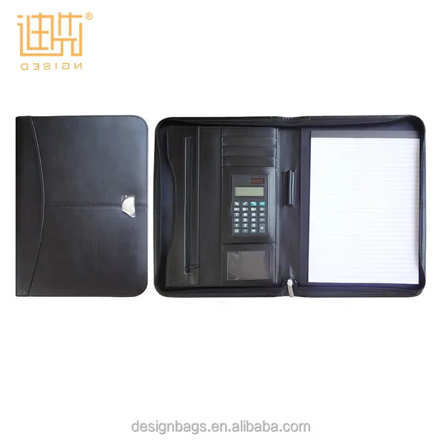 2017 most popular Customized high quality zippered a4 men leather portfolio folder case with pen holder calculator card holder