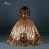 RQ093 Gold Sequin Bronze Appliques Long Sleeve Ball Gown Wedding Dresses