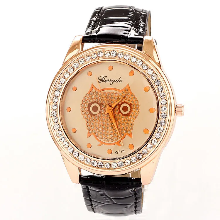2015 Newest Rhinestone watches women fashion luxury wristwatches relojes Owl PU Watch Luxury Women Brand quartz Clock leather