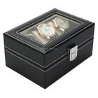Glass Top White Stitched Black PU Leather 3 Slots Watch Display Storage Gift Box,watch case