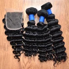 cheap deep curly wave original raw remy brazilian peruvian human hair bundles with lace closure