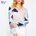 2017 Fashion New Style Autumn Abstract Geo Print Patchwork V Neck Long Sleeve Fall Collar Tunic Blouse