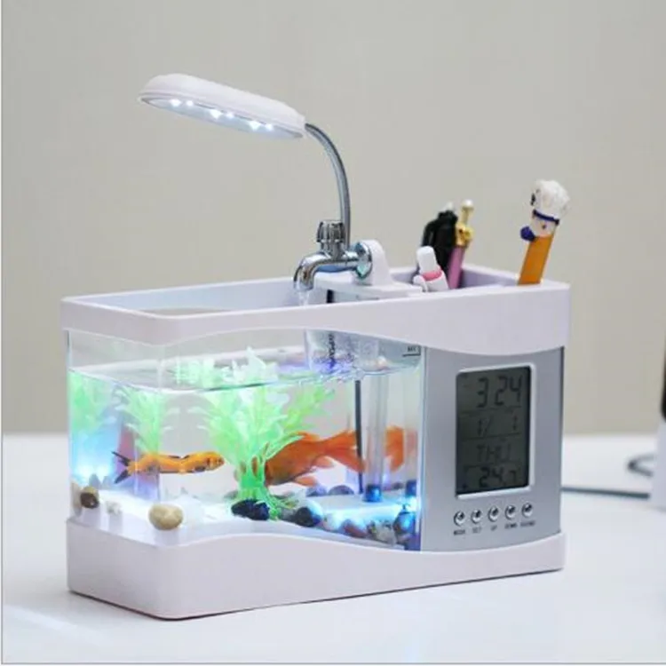 Çok fonksiyonlu Mini USB LCD Masaüstü lamba ışığı Devridaim su tankı akvaryum LED Küçük Balık tankı ile Çalışan su