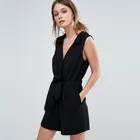New arrival 2020 OEM casual woven Plunge neck wrap front sexy jumpsuit sexy black 100 polyester women romper for sale