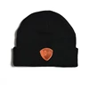 Custom adults men embossed cuffed leather patch knit beanie hat