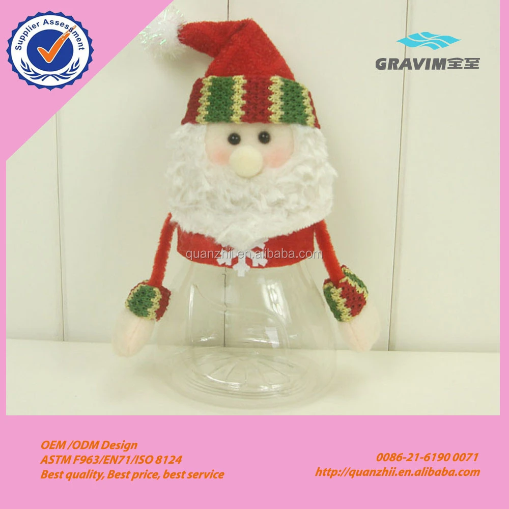 custom christmas plush santa claus and snowman plastic candy jar