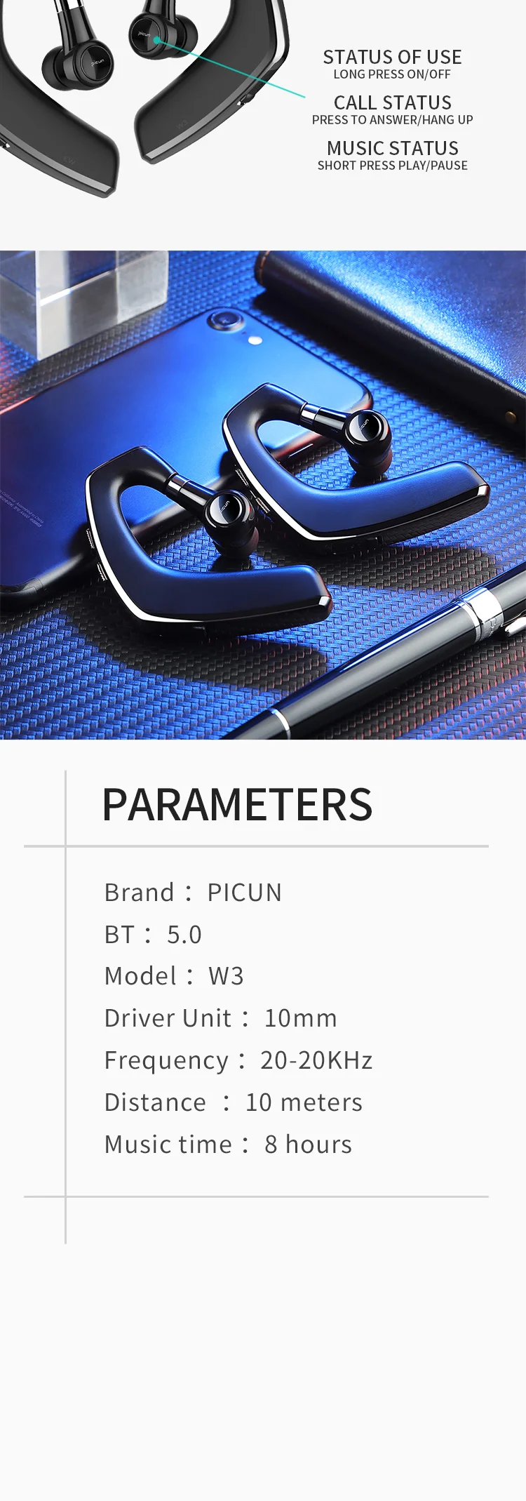 Picun W3 TWS 5.0 Mobile Phone Handfree IPX6 Waterproof Sport Wireless Bluetooth Earhook Earphone - ANKUX.COM