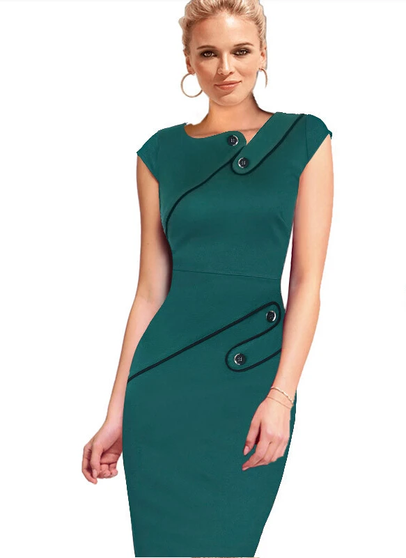 2015 New Womens Vintage Pinup Rockabilly Elegant Printed Work Wear Business OL Casual Buttons Tunic Bodycon Sheath Pencil Dress