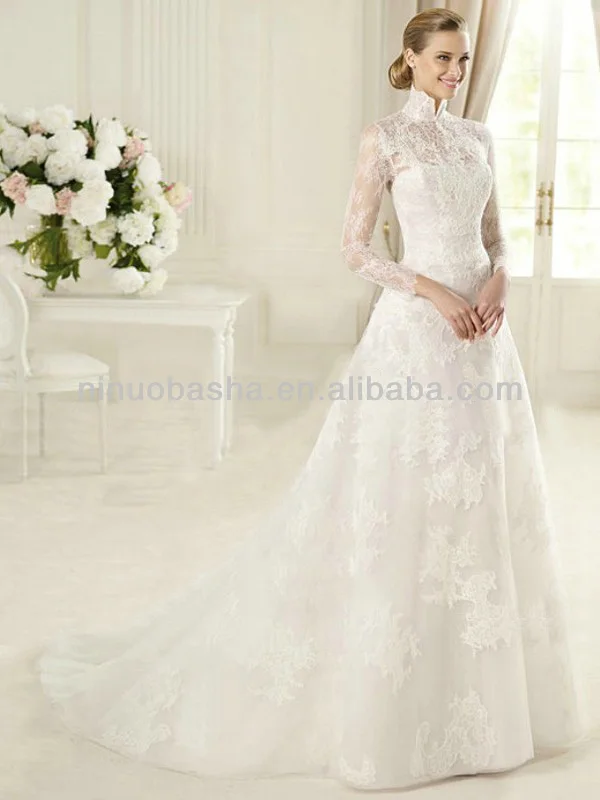 haute couture 2014 alta cuello pura manga larga de encaje vestidos