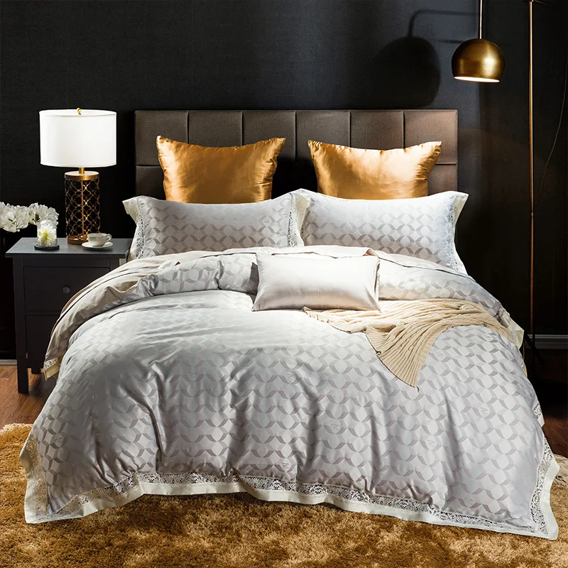 Waliicorners Tribute Silk Jacquard silver gray Luxury Royal Bedding set 4Pcs King Queen size bed sheet set Duvet cover pillow shams 72 WFG_1653