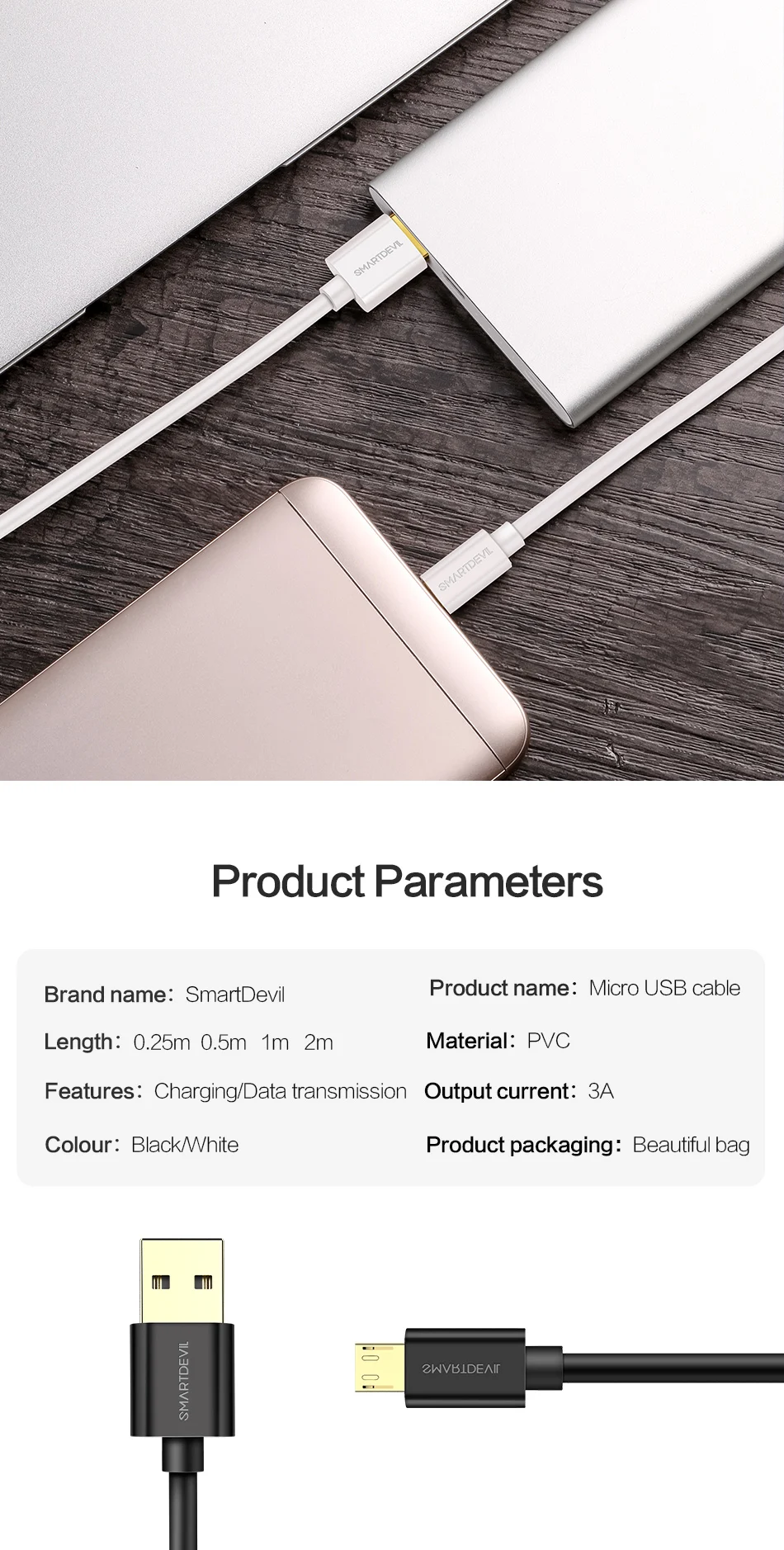 SmartDevil Micro Cable 3A Fast Charging USB Micro Data Charger Cord Cable For MP3/4 Player Video Game Player Mobile phone Comput - ANKUX.COM