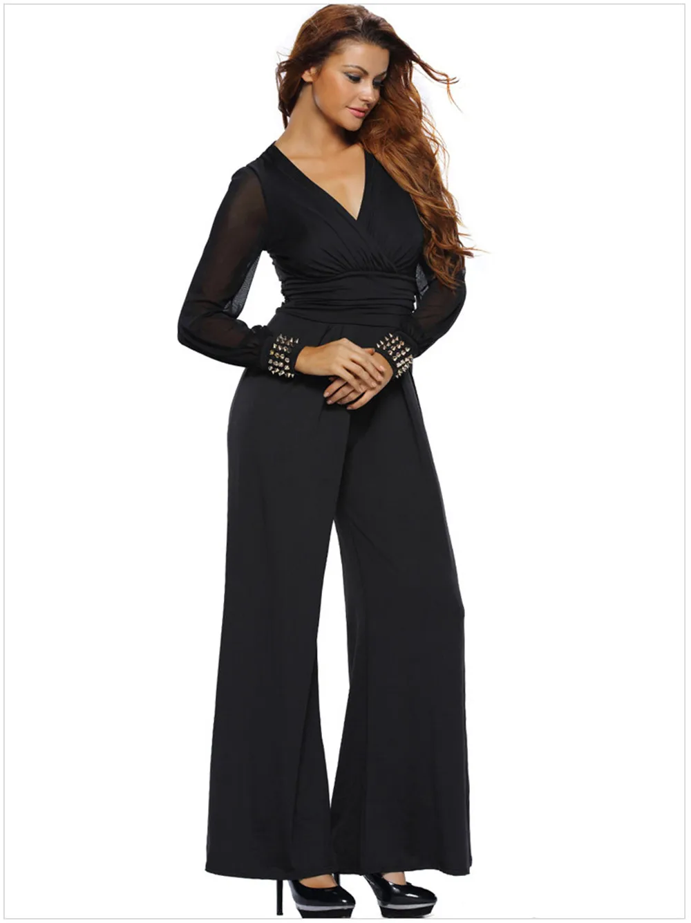 Sexy Deep V-neck Embellished Cuffs Jumpsuit 2018 Spring Party Mesh Sleeves Loose Club Pant Long Black Rompers Womens Jumpsuit (11)