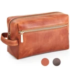 Brown PU Leather Toiletry Bags Bathroom Cosmetic Pouch Case Shaving and Grooming Kit for Travel