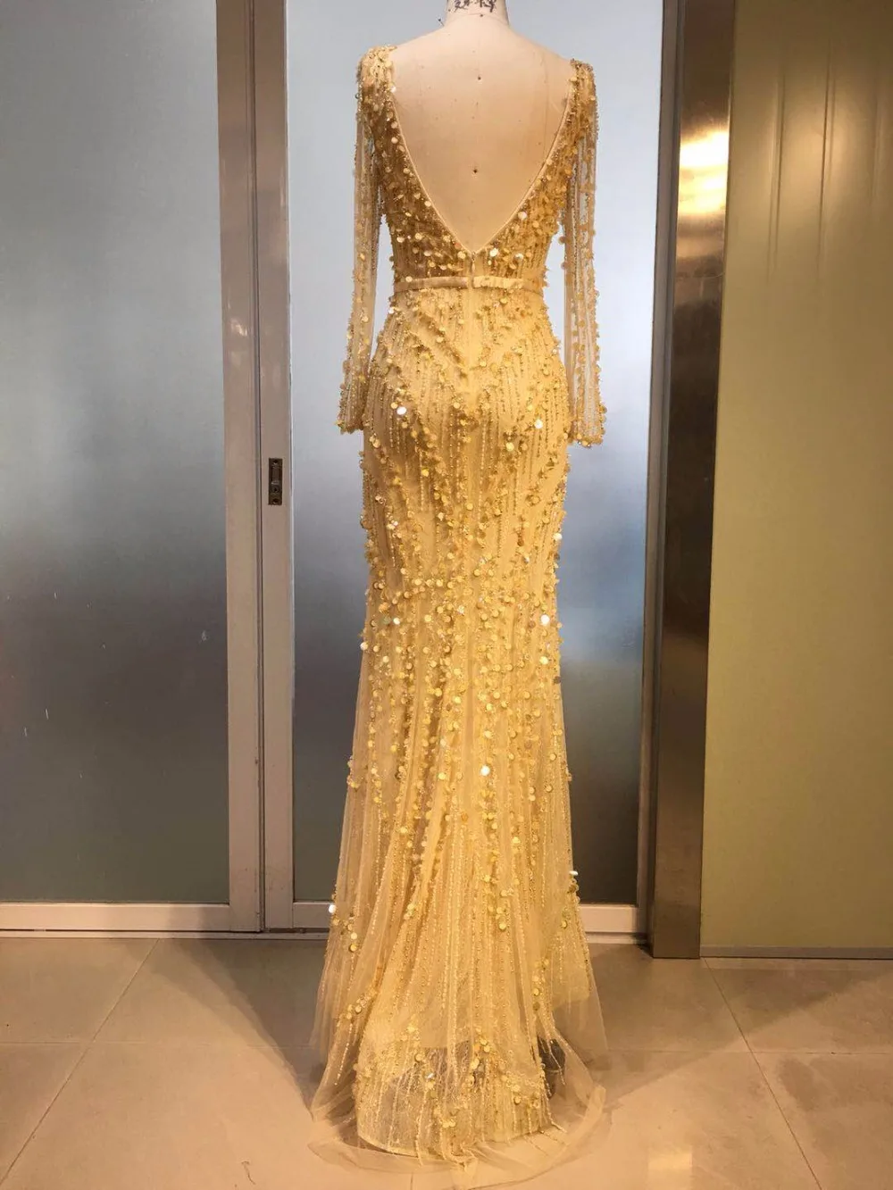 gold long sleeves evening dresses long 2017