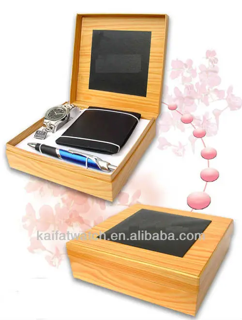 quartz watches men gift set with wallet pen wooden box