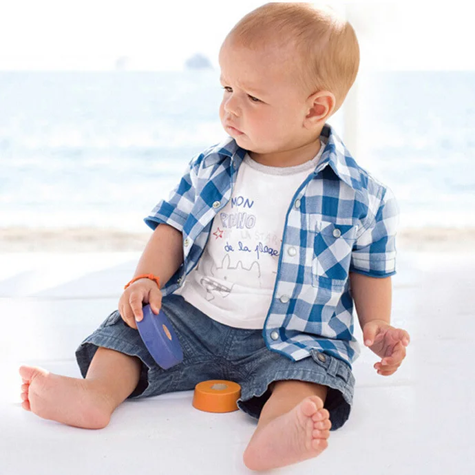 baby boy clothing 2015 children clothes Printing T-shirt + Coat plaid + pant blue casual Three-piece ropa bebe infantil conjunto
