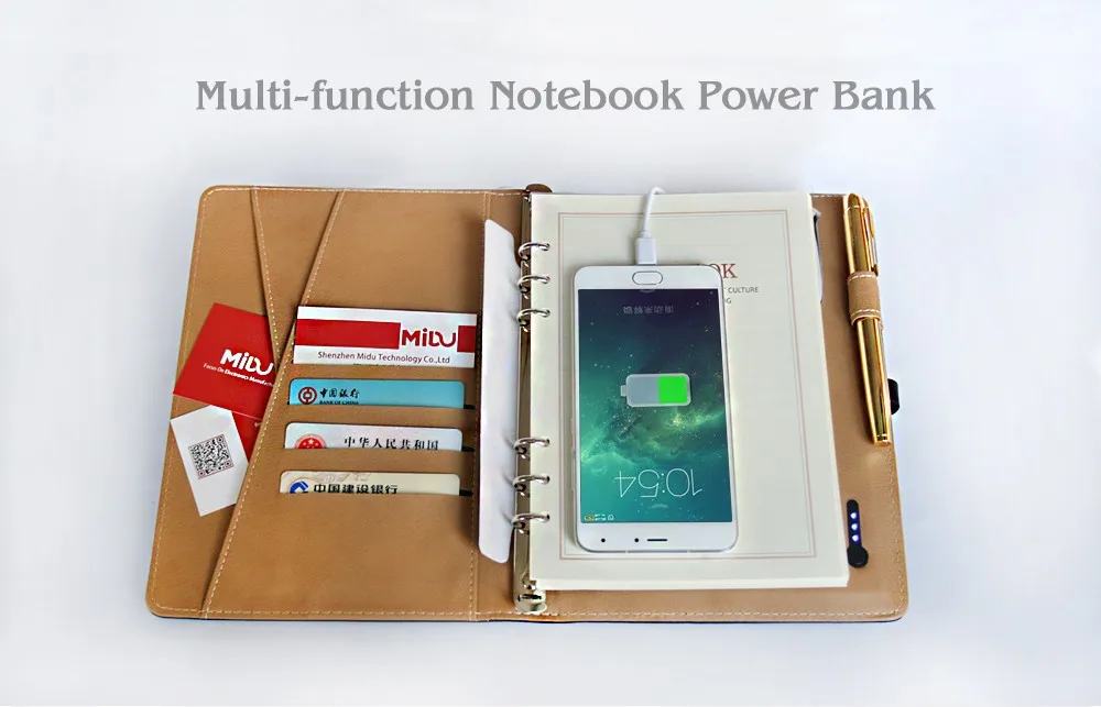 multifunctional a5 pu leather note book diary with power bank