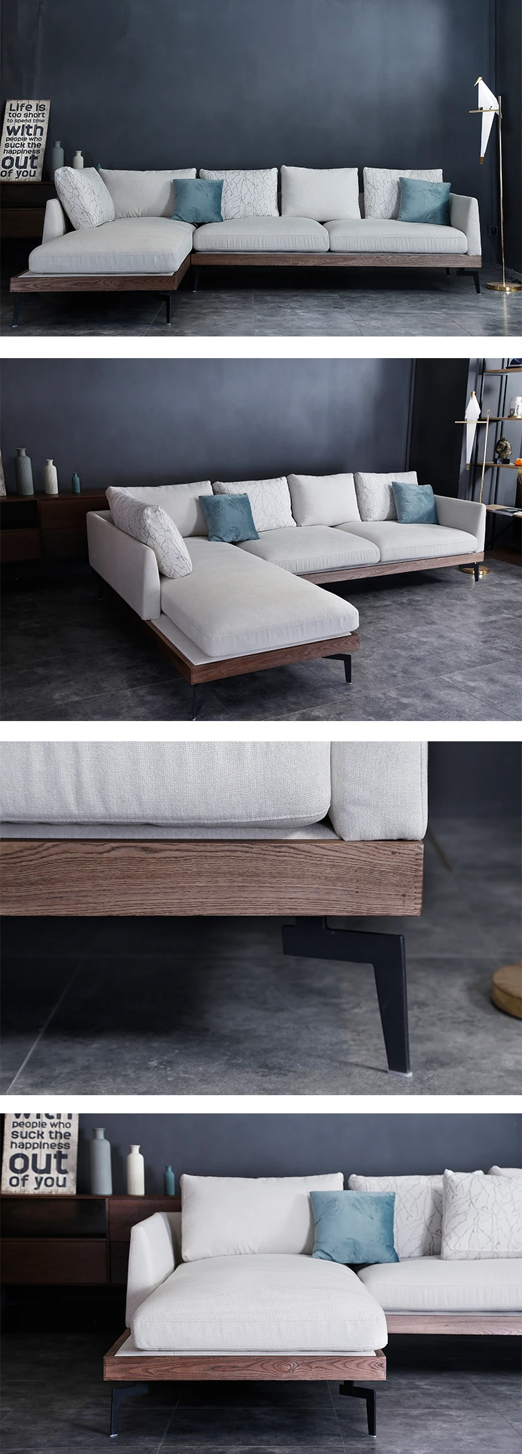Modern living room fabric upholstery sofa set designs Lshape wooden leg fabric sofa