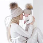 MY Miyar Mom And Baby Hat with Pompom Warm Raccoon Fur Bobble Beanie Kids Acrylic Knitted Parent-Child Hat Winter Caps