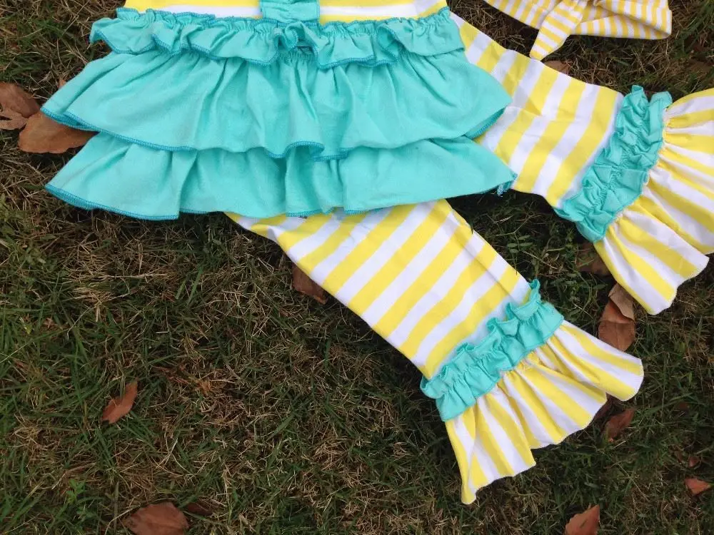 2016 new hot girls yellow strips blue capri set outfits with matching necklace and headband