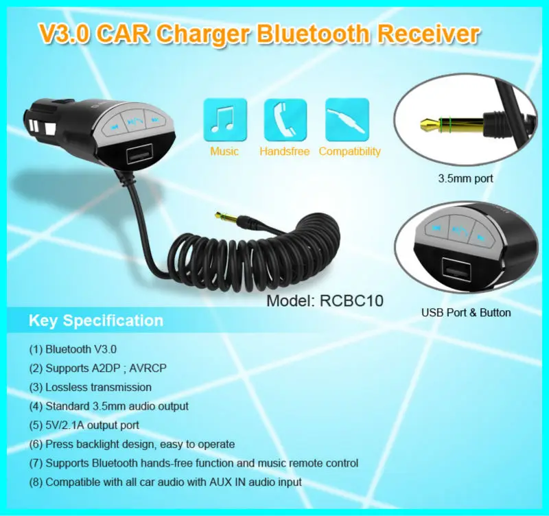 Universal car audio remote control bluetooth receiver 3.5mm jack - ANKUX.COM