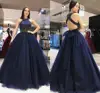 ZH1094X Elegant Navy Blue Long Prom Dresses With Crystal Beaded Halter Sexy Backless Tulle Skirt Formal Evening Dresses