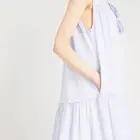 Modern women tassel sleeveless light blue striped cotton dress
