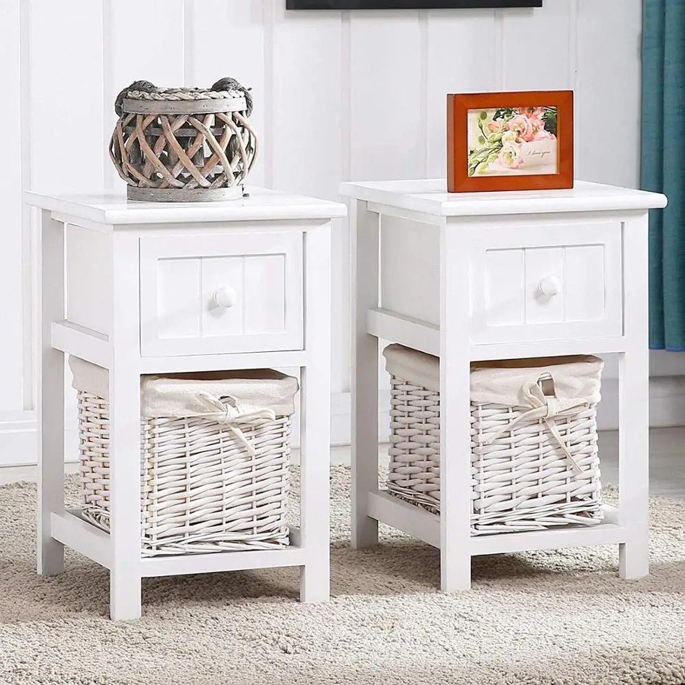 Distressed Wood Wicker Chest Drawer Storage Unit Bamboo Cabinet