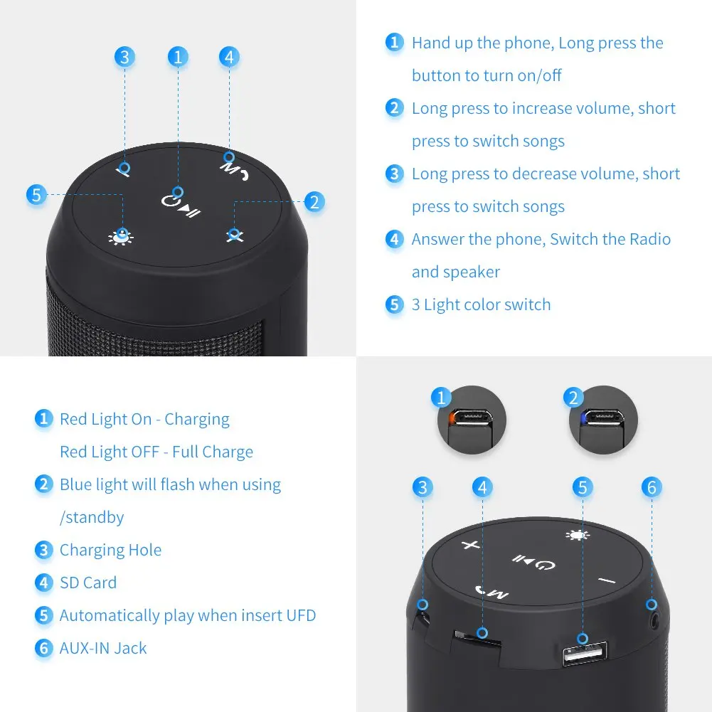 Cheap Portable Wireless Bluetooth Speakers LED with color changing light 8H Playtime Build-in Mic for Outdoor, Home & Travel - ANKUX.COM