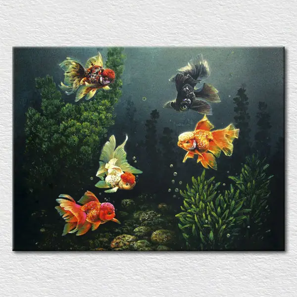 帆布印刷艺术从手绘油画印象风景在水族馆金鱼和水生植物免费送货
