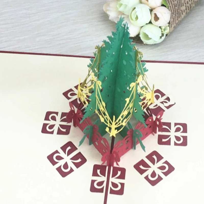 1pcs Sample Christmas Tree 3D Laser Cut Greeting Pop Up Card Ivitation Custom Postcards Christmas Thanksgiving Day Party Gifts (5)