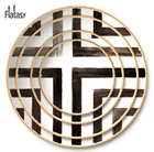 High quality 12k gold rim white and black geometry pattern bone China charger plates 6.5/8/10.5/12 inch for wedding and home