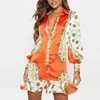 Women Spring Fashion Satin Casual Straight Mini Orange Chain Print Frill Hem Ladies Shirt Dress