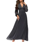Wholesale fashion 2019 women long sleeve V- neck A-line chiffon long evening dress for young lady