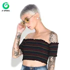 Custom women boat neck printed shirts ladies summer knitted crop tops