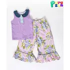 Wholesale baby girls remake purple tunic tops and vintage big ruffle flower pants set toddler girl boutique capris suit