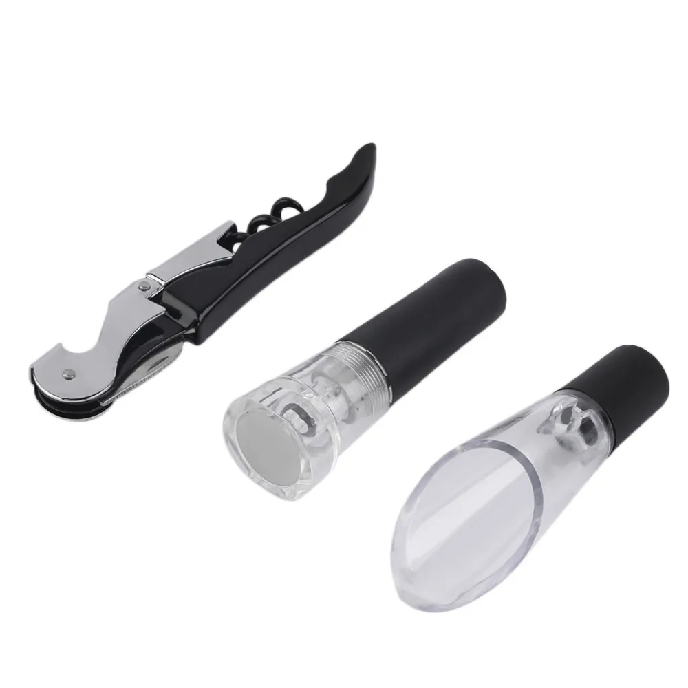 3PCS Wine Vacuum Saver Bottle Stopper Corkscrew Opener Liquor Pourer Tool Set